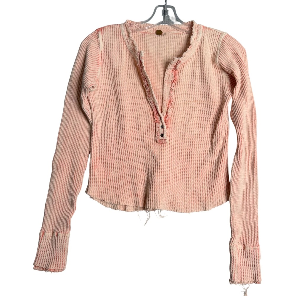 Free People One Colt Thermal Henley Women S Blush Waffle Knit Boho Cotton Frayed